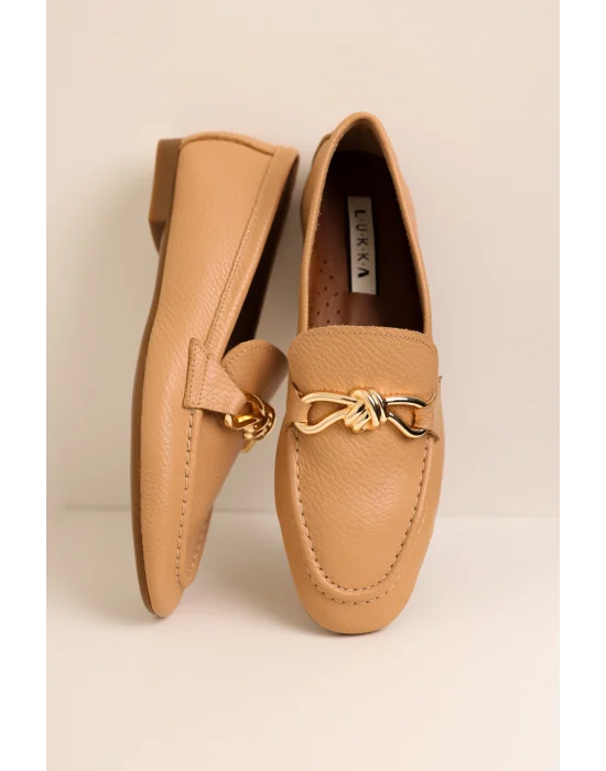 Hakiki Deri Cameron Kadın Nude Metal Tokalı Loafer Babet