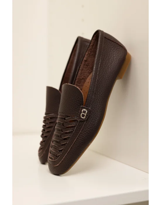 Hakiki Deri Kadın Alvin Acı Kahve El yapımı Babet