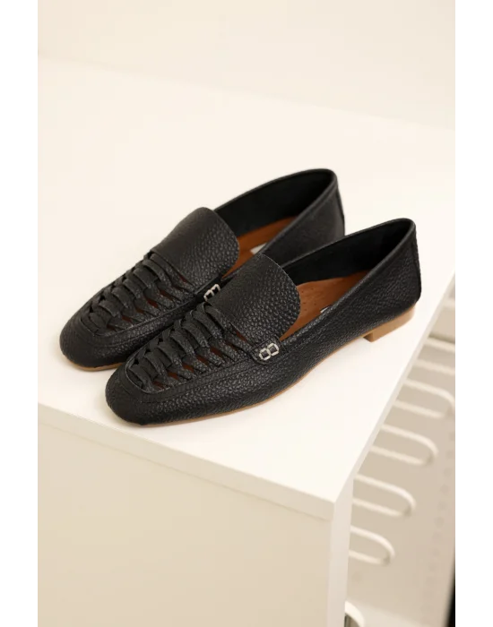 Hakiki Deri Kadın Alvin Siyah El yapımı Babet