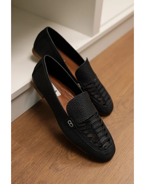 Hakiki Deri Kadın Alvin Siyah El yapımı Babet