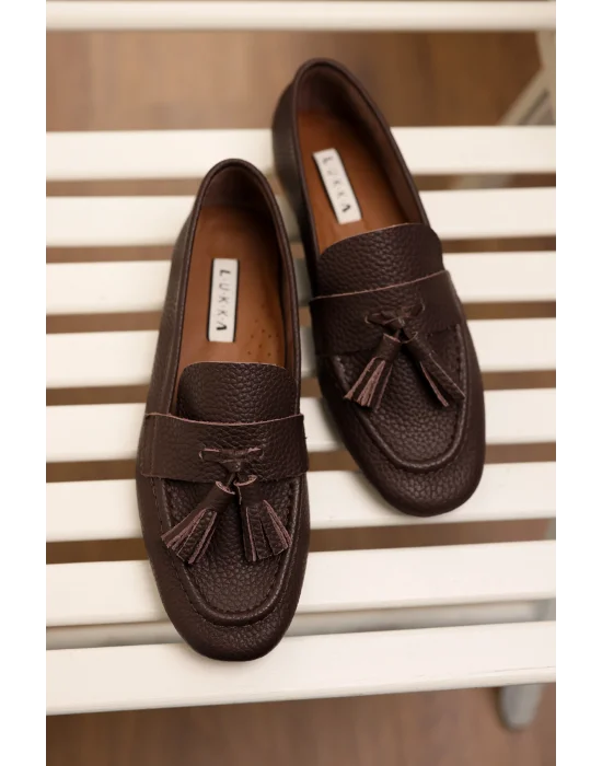 Hakiki Deri Kadın Adeen Acı Kahve Ponponlu El yapımı Babet