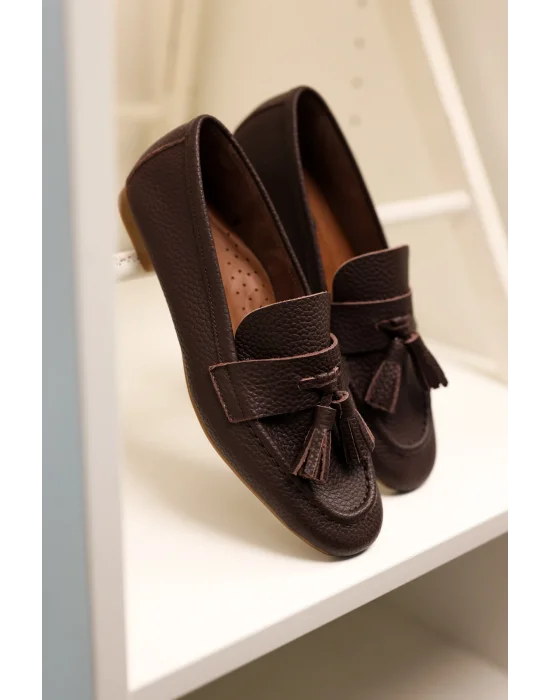 Hakiki Deri Kadın Adeen Acı Kahve Ponponlu El yapımı Babet