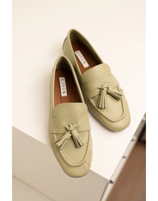 Hakiki Deri Kadın Adeen Avokado Ponponlu El yapımı Babet