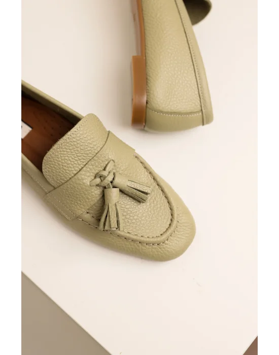 Hakiki Deri Kadın Adeen Avokado Ponponlu El yapımı Babet