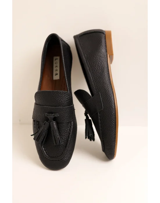 Hakiki Deri Kadın Siyah Adeen Ponponlu El yapımı Babet