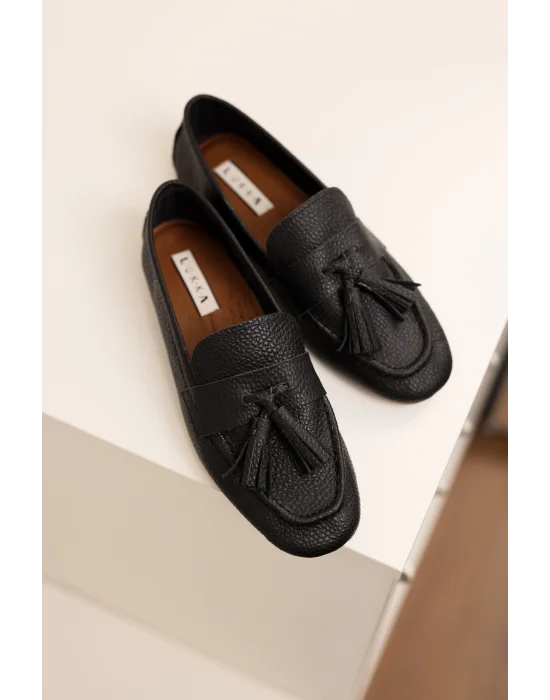 Hakiki Deri Kadın Siyah Adeen Ponponlu El yapımı Babet