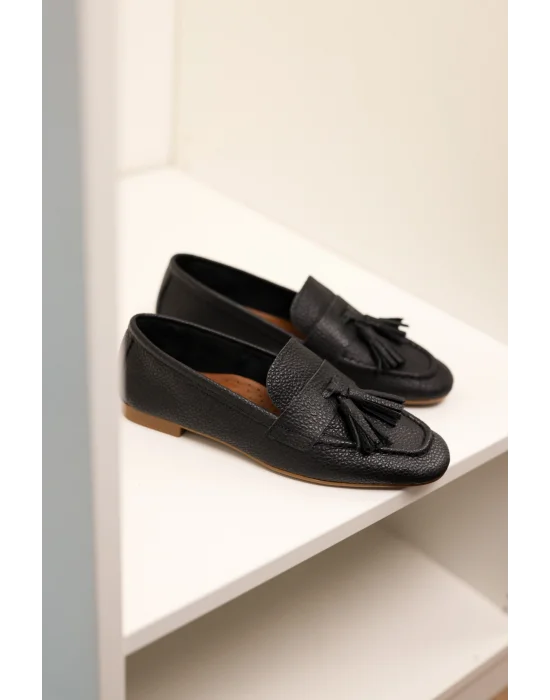 Hakiki Deri Kadın Siyah Adeen Ponponlu El yapımı Babet