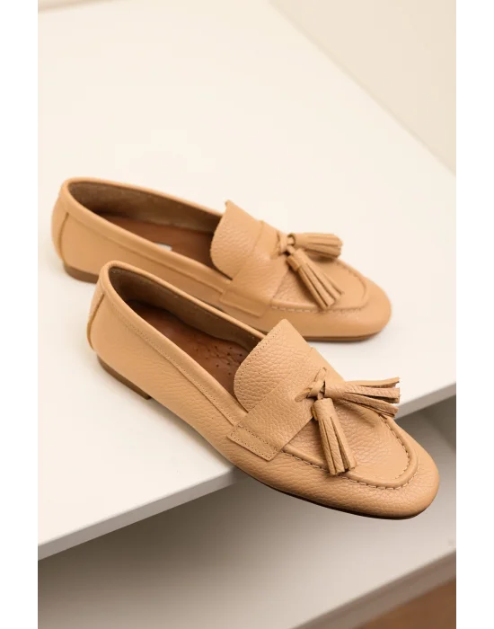 Hakiki Deri Kadın Adeen Nude Ponponlu El yapımı Babet