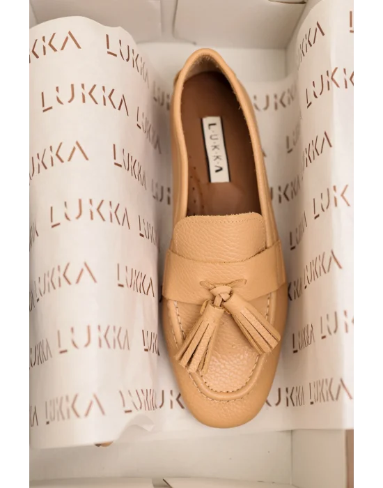 Hakiki Deri Kadın Adeen Nude Ponponlu El yapımı Babet