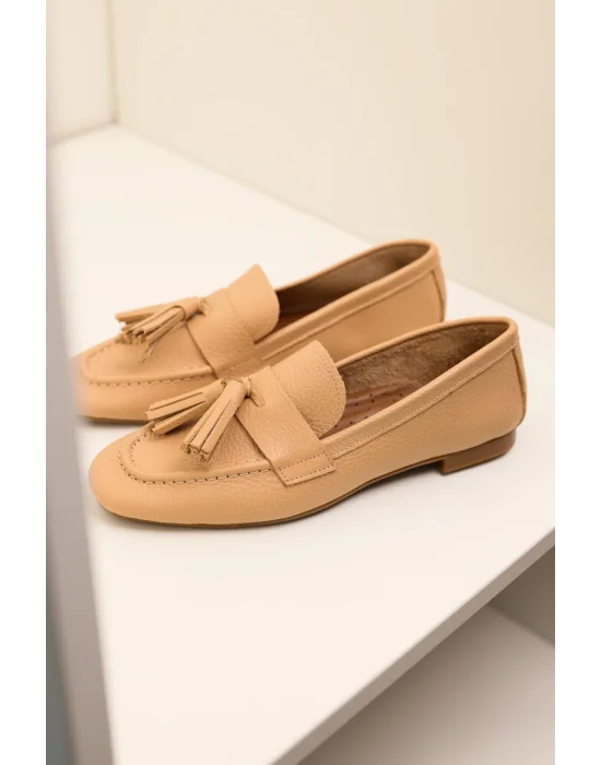 Hakiki Deri Kadın Adeen Nude Ponponlu El yapımı Babet