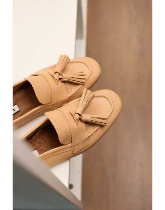 Hakiki Deri Kadın Adeen Nude Ponponlu El yapımı Babet