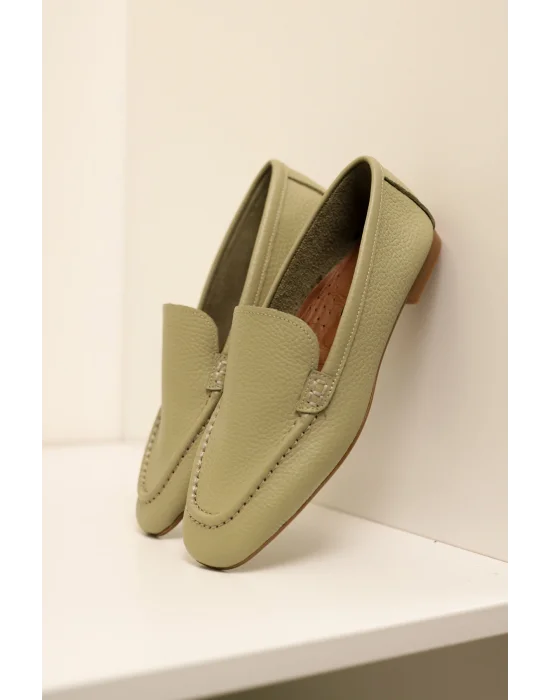 Hakiki Deri Kadın Abay Avokado Saraçlı Babet