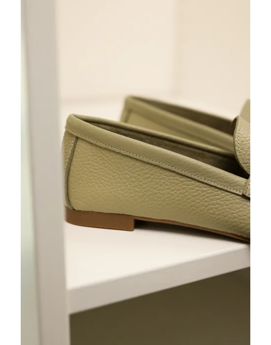 Hakiki Deri Kadın Abay Avokado Saraçlı Babet