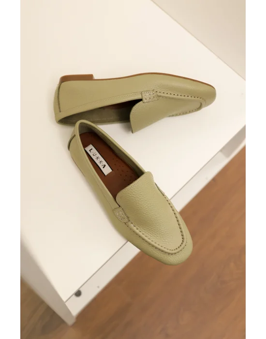 Hakiki Deri Kadın Abay Avokado Saraçlı Babet