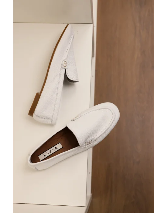 Hakiki Deri Kadın Abay Beyaz Saraçlı Babet