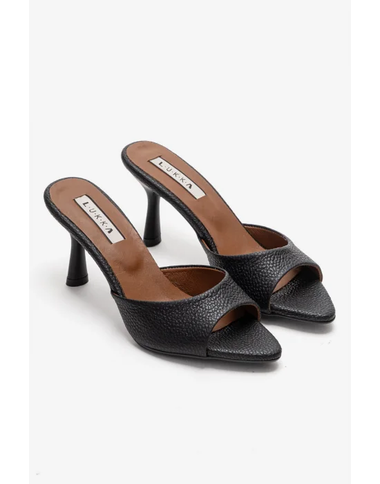 Hakiki Deri Aria Kadın Siyah Tek Yüz Topuklu Terlik