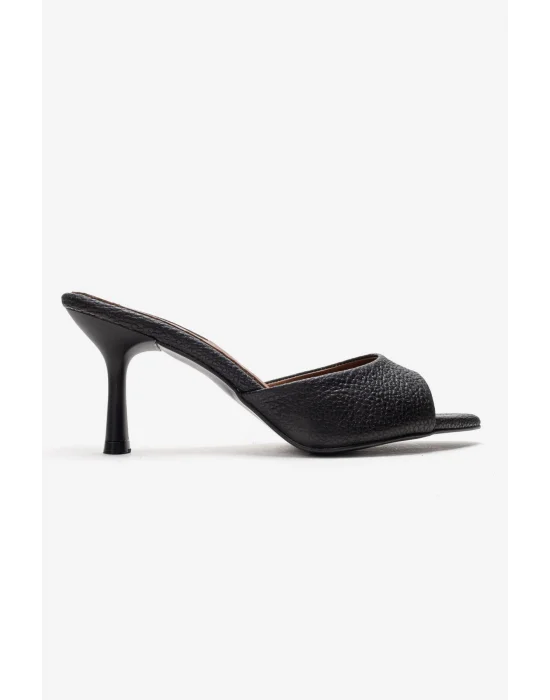 Hakiki Deri Aria Kadın Siyah Tek Yüz Topuklu Terlik