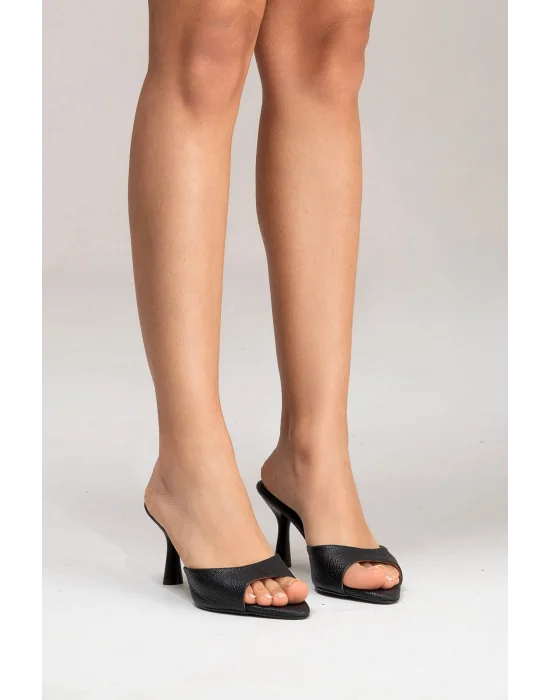Hakiki Deri Aria Kadın Siyah Tek Yüz Topuklu Terlik