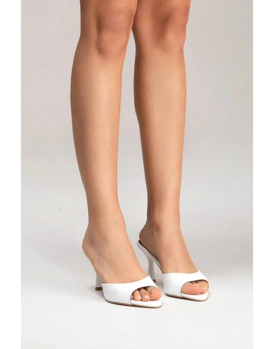 Hakiki Deri Aria Kadın Beyaz Tek Yüz Topuklu Terlik