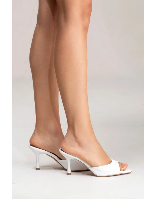 Hakiki Deri Aria Kadın Beyaz Tek Yüz Topuklu Terlik