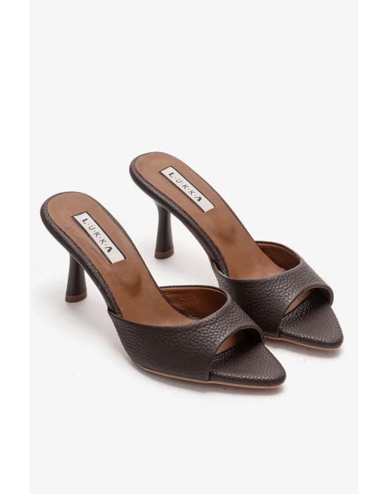 Hakiki Deri Aria Kadın Acı Kahve Tek Yüz Topuklu Terlik