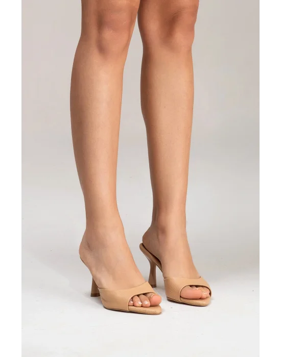 Hakiki Deri Aria Kadın Nude Tek Yüz Topuklu Terlik