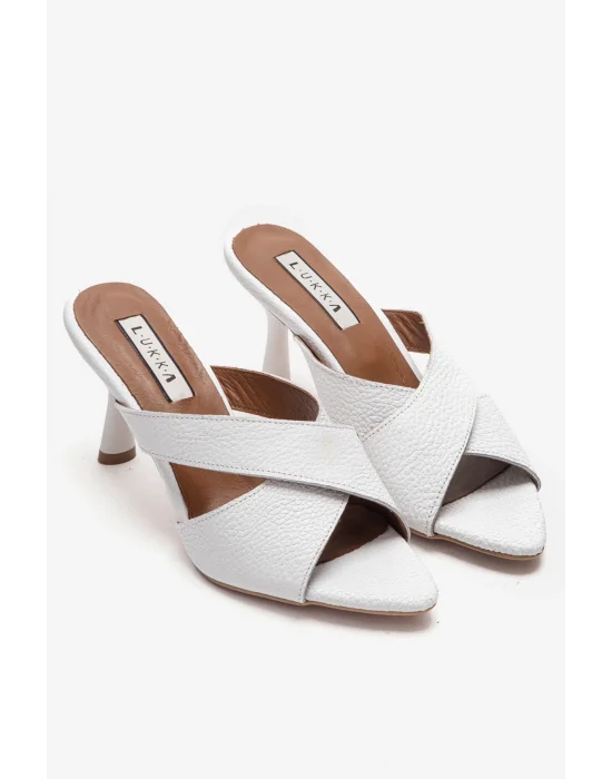 Hakiki Deri Mila Kadın Beyaz Çapraz Topuklu Terlik