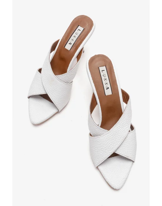 Hakiki Deri Mila Kadın Beyaz Çapraz Topuklu Terlik