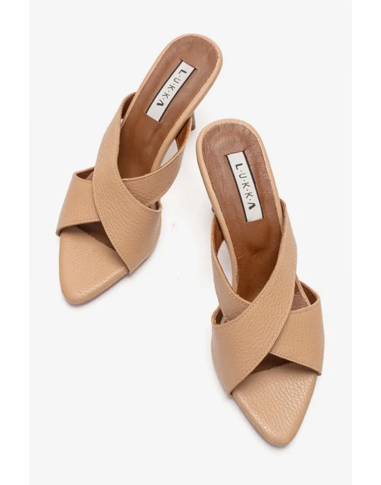 Hakiki Deri Mila Kadın Nude Çapraz Topuklu Terlik