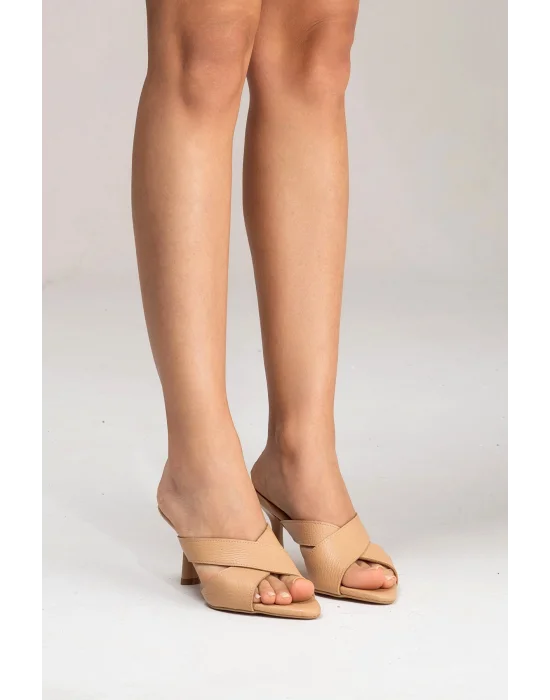 Hakiki Deri Mila Kadın Nude Çapraz Topuklu Terlik