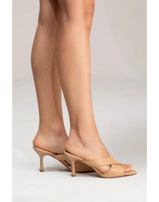 Hakiki Deri Mila Kadın Nude Çapraz Topuklu Terlik