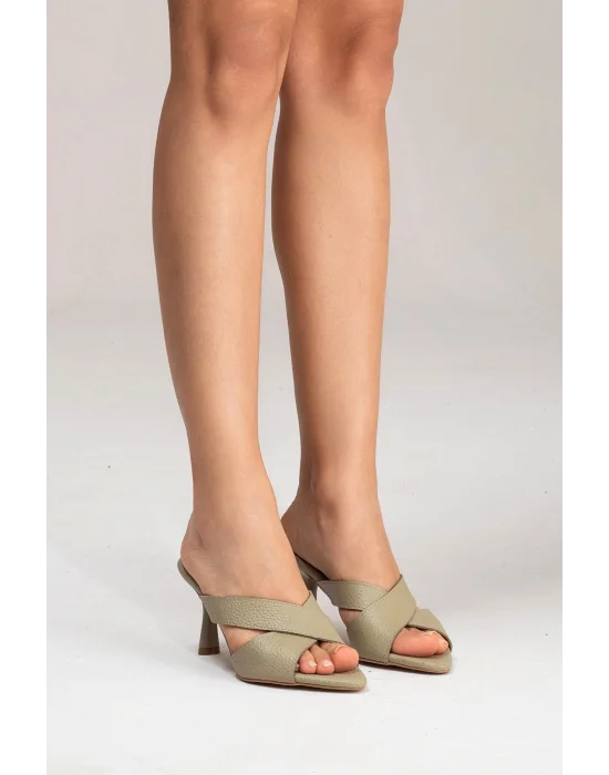 Hakiki Deri Mila Kadın Avakado Çapraz Topuklu Terlik