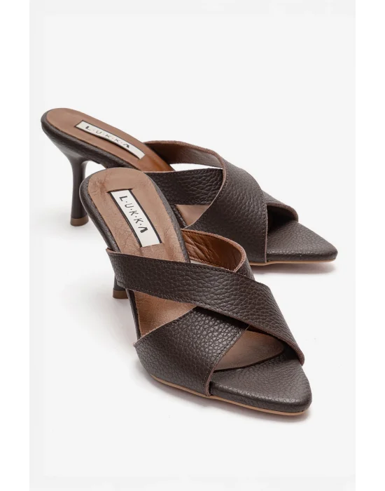 Hakiki Deri Mila Kadın Acı Kahve Çapraz Topuklu Terlik