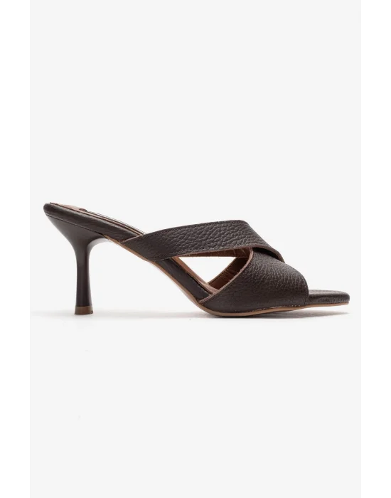 Hakiki Deri Mila Kadın Acı Kahve Çapraz Topuklu Terlik