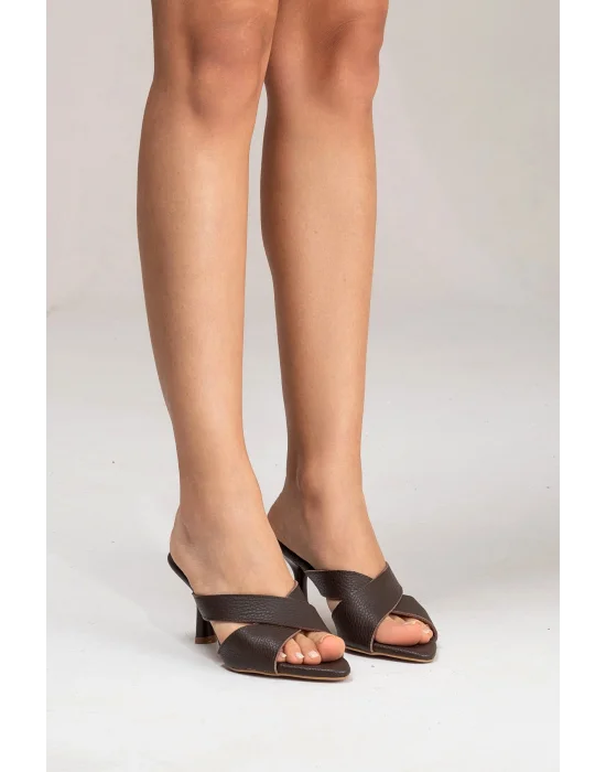 Hakiki Deri Mila Kadın Acı Kahve Çapraz Topuklu Terlik