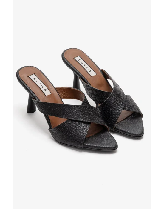 Hakiki Deri Mila Kadın Siyah Çapraz Topuklu Terlik