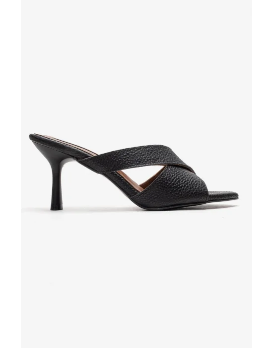Hakiki Deri Mila Kadın Siyah Çapraz Topuklu Terlik