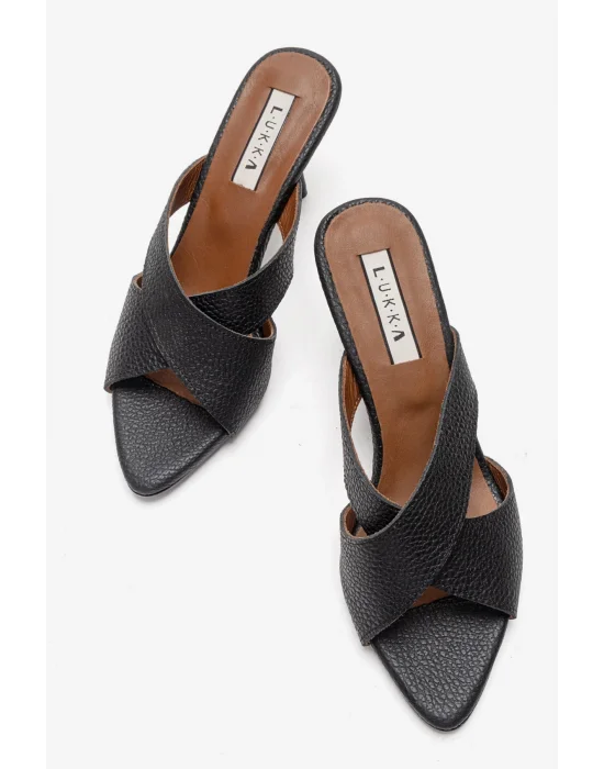 Hakiki Deri Mila Kadın Siyah Çapraz Topuklu Terlik