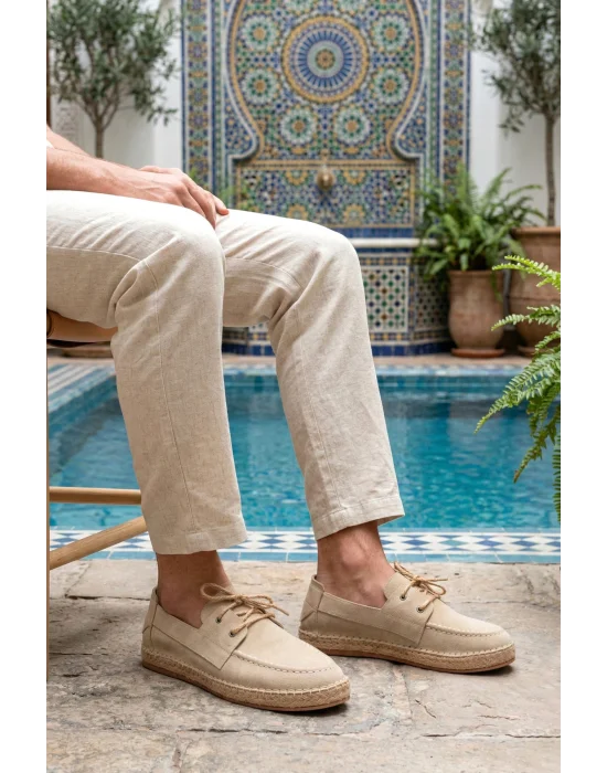 Sahra Erkek Suni Deri Bej Bağcıklı Espadril