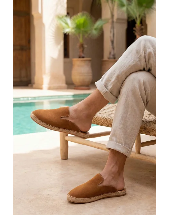 Fency Erkek Deri Tozu Taba El yapımı Düz Terlik