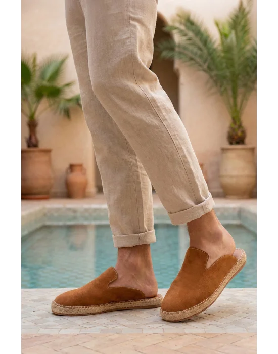 Fency Erkek Deri Tozu Taba El yapımı Düz Terlik