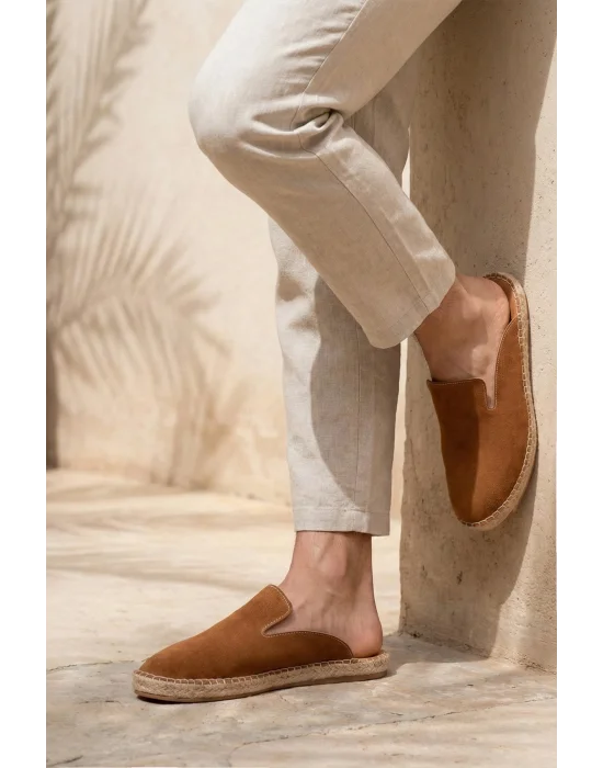 Fency Erkek Deri Tozu Taba El yapımı Düz Terlik