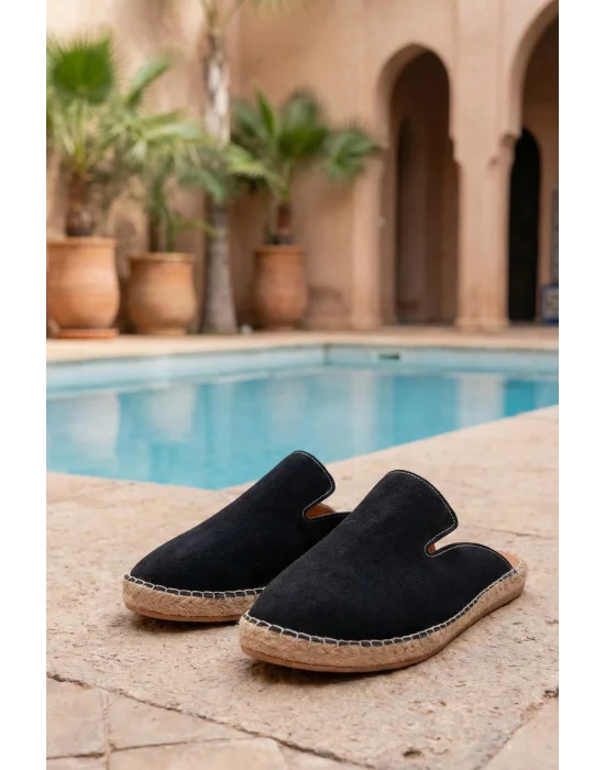 Fency Erkek Deri Tozu Siyah El yapımı Düz Terlik