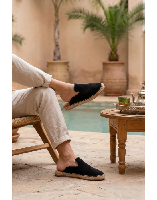 Fency Erkek Deri Tozu Siyah El yapımı Düz Terlik