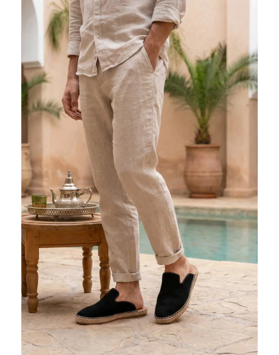 Fency Erkek Deri Tozu Siyah El yapımı Düz Terlik