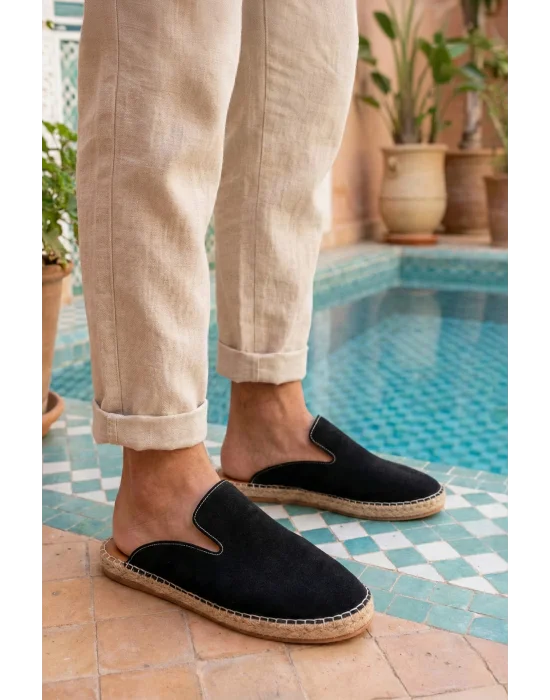 Fency Erkek Deri Tozu Siyah El yapımı Düz Terlik