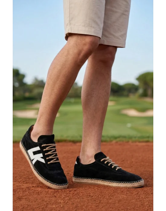 Hakiki Deri Chery Siyah Süet Bağcıklı Espadril