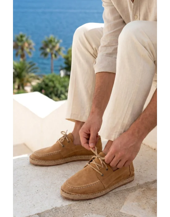 Fleur Hakiki Deri Bej Bağcıklı Espadril