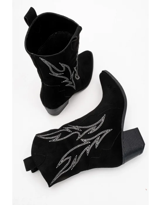 Carla Kadın Siyah Süet Nakışlı Dallas Western Kovboy Bot