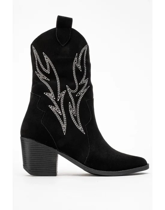 Carla Kadın Siyah Süet Nakışlı Dallas Western Kovboy Bot